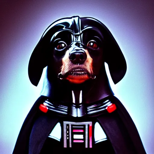 Image similar to a movie capture of a darth vader chiweenie, cinematic