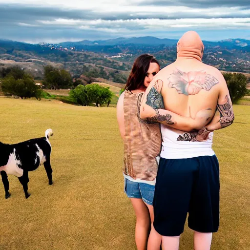 Image similar to portrait of a young chunky bald white male tattoos and his young white female brown hair wife with tattoos. male is wearing a white t - shirt, tan shorts, white long socks. female is has long brown hair and a lot of tattoos. photo taken from behind them overlooking the field with a goat pen. rolling hills in the background of california and a partly cloudy sky