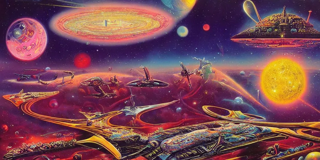 Image similar to Intergalactic dreams by Alex Grey, Paul Lehr, Ron Walotsky, Bruce Pennington and James Gurney