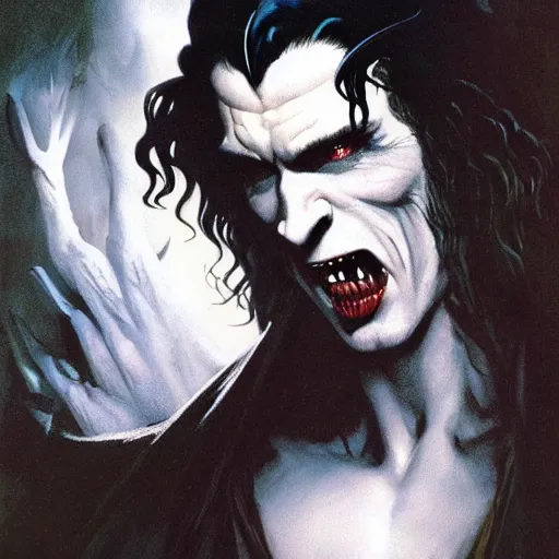 Image similar to head and shoulders vogue photo portrait of a male vampire, d & d, fantasy, greg rutkowski, frank frazetta, alexandre chaudret, boris vallejo, michael whelan, miro petrov, hr giger, magali villeneuve, donato giancola