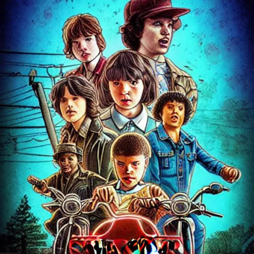 Image similar to tarantino, stranger things cover art, art by stephen bliss