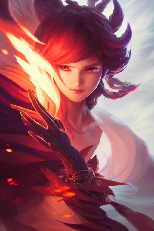 Prompt: beautiful sorcerer with fire and smoke magic, long hair, attarctive pretty face, anime key visual, highly detailed, sharp focus, concept art, league of legends, style by shumolly and monable and artgerm and greg rutkowski and jo chen and pilyeon and ruan jia
