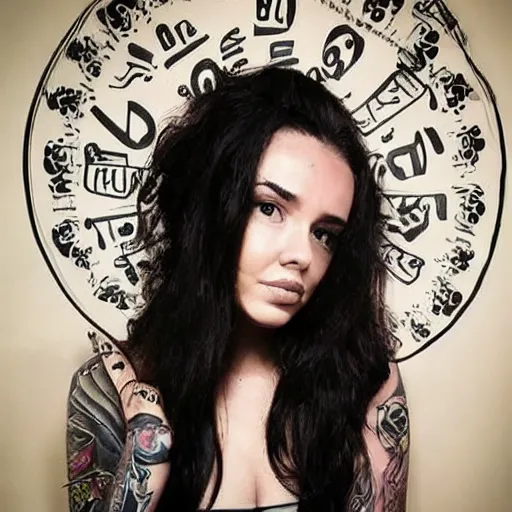 Image similar to big girl, long hair, tattooed face, photo