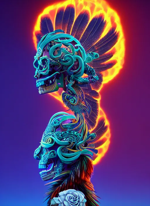 Image similar to 3 d goddess with tattoos profile portrait, sigma 5 0 0 mm f / 5. beautiful intricate highly detailed quetzalcoatl skull and feathers. bioluminescent, plasma, lava, ice, water, wind, creature, thunderstorm! artwork by tooth wu and wlop and beeple and greg rutkowski, 8 k trending on artstation,