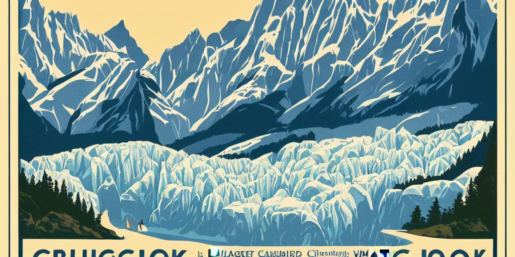 Image similar to beautiful idyllic poster illustration for a craggy ice glacier valley national park by ludwig hohlwein, ludwig hohlwein, graphic, clean bold design