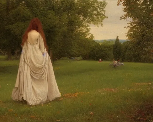 Image similar to beautiful pre - raphaelite painting of woman from the back, alone in a park, trending on artstation,