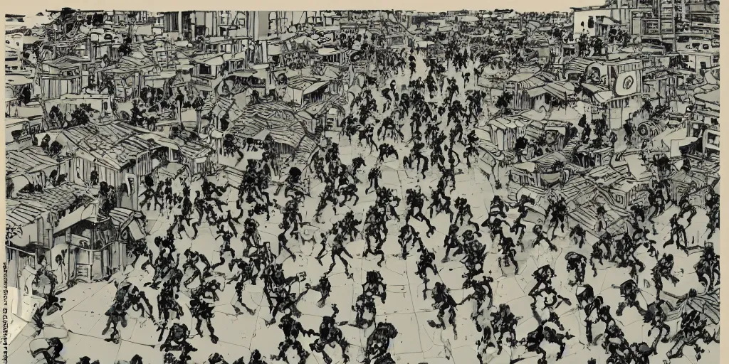 Prompt: a tight shot of a dozen monkeys attacking a city in Japan by Ashley Wood, 3 point perspective, rule of thirds