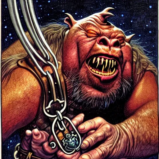 Image similar to Fantasy illustration by Clyde Caldwell The ogre snores in its sleep, its head bobbing from side to side. You reach down to the belt at its waist and feel for the ring of keys hanging from it.