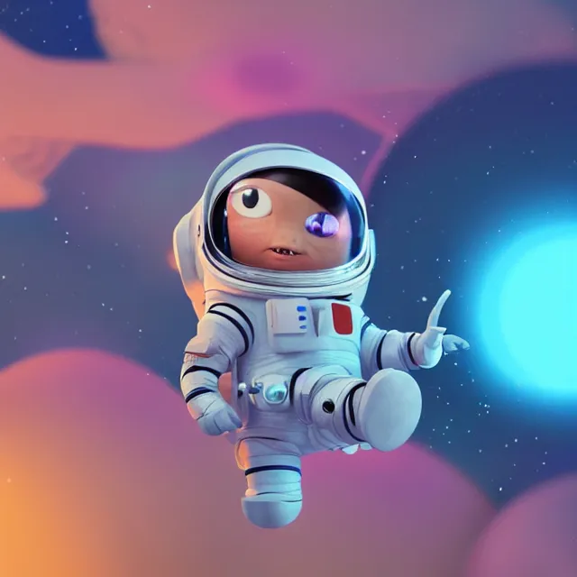 Image similar to a cute astronaut, pixar animation style, soft colors, octane render, colorful, spectral color, 5 d, ultra - hd, mini, volumetric lighting