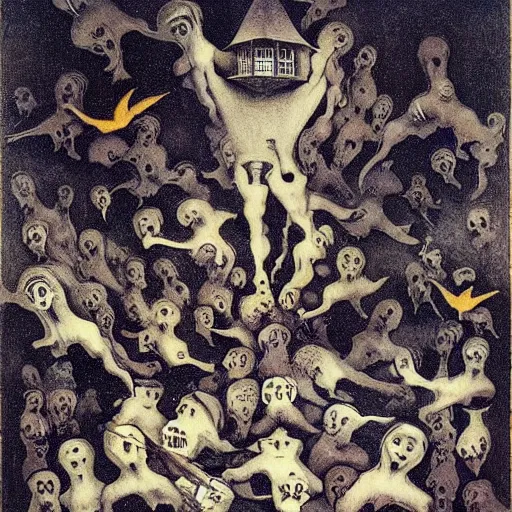 Prompt: Technicolor box of ghosts, by M.C. Escher, by Joseph Cornell, by Francisco Goya, fairy-tale illustration style, very detailed, colorful, beautiful, eerie, surreal, psychedelic