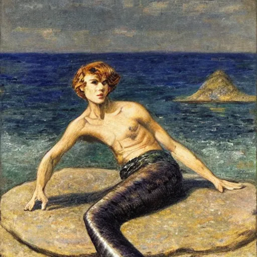 Image similar to male sherlock holmes mermaid with a big tail and sitting on a stone at the bottom of the sea in the style of jules bastien - lepage