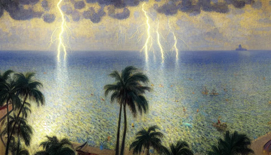 Image similar to a ultradetailed beautiful painting of the thunder sky of the rio de janeiro palace balustrade designed by jules bastien - lepage, tarsila do amaral, frank weston and gustave baumann, beach, trending on artstation, mediterranean, palm trees, sharp focus, lightning sparkles refraced lines, soft light, 8 k 4 k