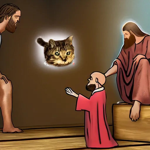 Image similar to moist critical begging jesus not to kill his cat, hd, 4 k, vr support, for gamers,