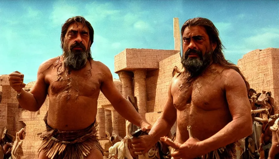 Prompt: movie still by peter jackson of javier bardem as gilgamesh, ziggurat, sumerian epic movie with sumerian monsters, fights, cinestill 8 0 0 t eastmancolor technicolor, high quality, very detailed, heavy grain, fine facial features, 8 k, octane render
