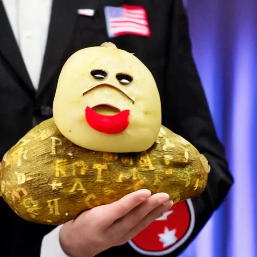 Image similar to a baked potato running for president, wearing a presidential suit and tie, press conference