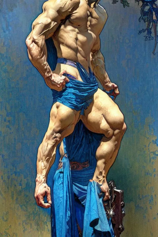 Prompt: A man wearing blue clothes, muscular, fantasy, painting by greg rutkowski and alphonse mucha