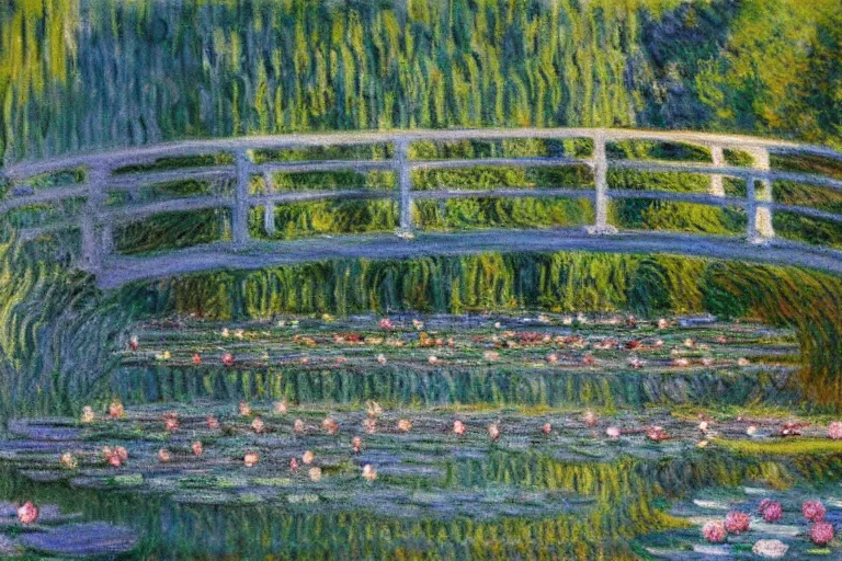 Prompt: A impressionism oil painting of water lilies pond at dusk, by Claude Monet