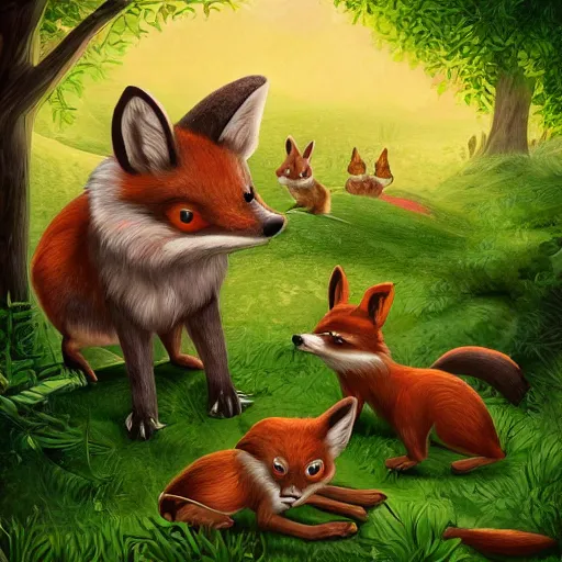 Image similar to 3 woodland critters, resistance, communist, bunny, mouse, fox, political meeting in the woods, antropomorphic, fantasy digital art, art station, green flags, green hats