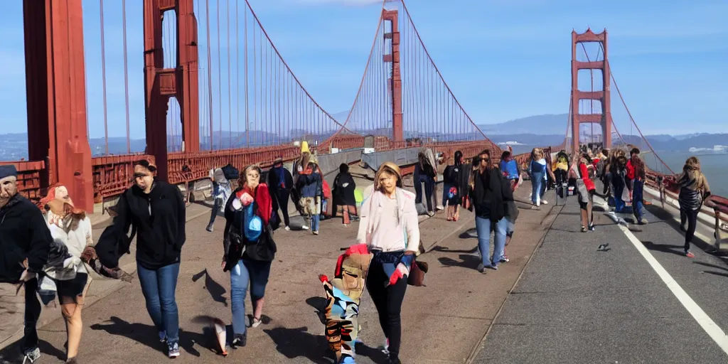 Image similar to cat gang walking across the golden gate bridge