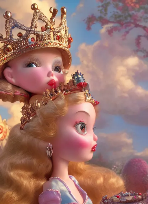 Image similar to highly detailed closeup, face profile portrait of a tin toy fairytale princess wearing a crown, bikini, unreal engine, nicoletta ceccoli, mark ryden, earl norem, lostfish, global illumination, detailed and intricate environment