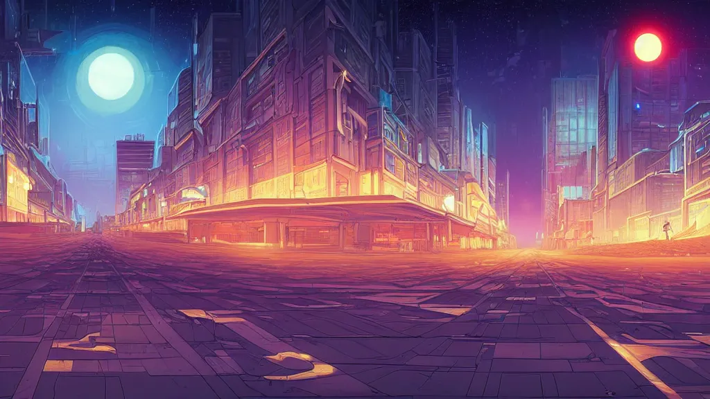 Prompt: the empty city street looking towards the spaceport at night by cyril rolando and naomi okubo and dan mumford