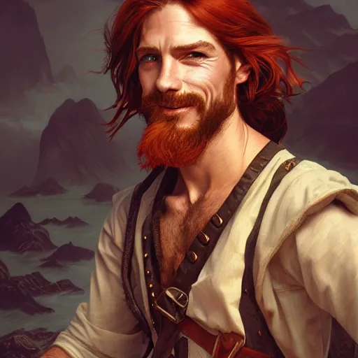 Prompt: portrait of a young ruggedly handsome but joyful pirate, male, masculine, upper body, red hair, long hair, d & d, fantasy, impish smirk, intricate, elegant, highly detailed, digital painting, artstation, concept art, matte, sharp focus, illustration, art by artgerm and greg rutkowski and alphonse mucha