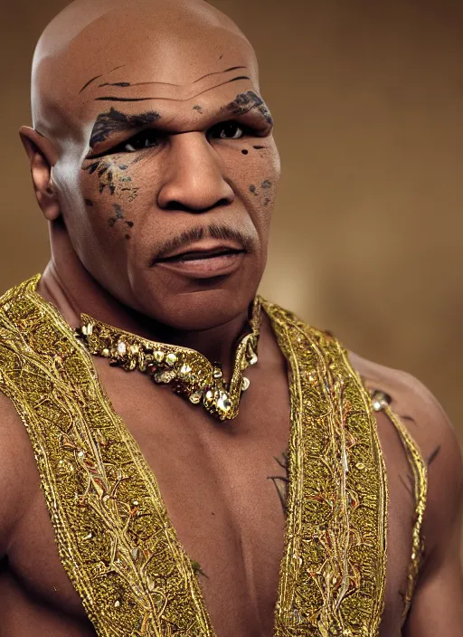 Prompt: mike tyson dressed in arab clothing, photohoot, set pieces, intricate set, vogue magazine, canon, highly realistic. high resolution. highly detailed. dramatic. 8 k. 4 k.