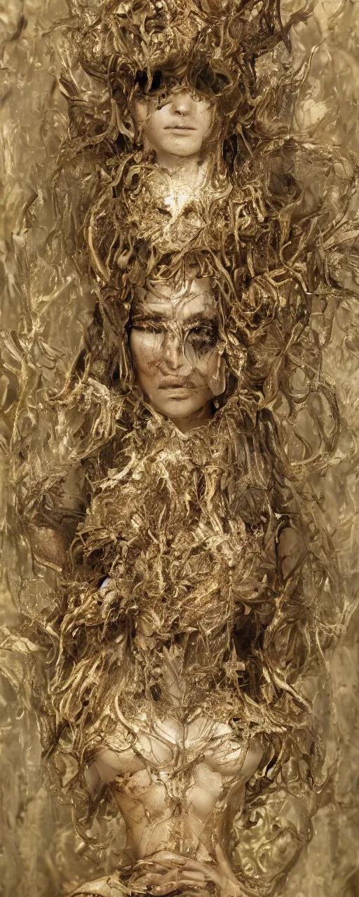 Prompt: portrait photo of a surreal goddess in the middle of a ancient wood, gold fluid simulation in the background, ultra super good realistic 3D render by Pete Morbacher and Emil Melmoth, insanely detailed, trending on artstation, sharp focus