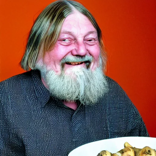 Image similar to robert wyatt smiling with open mouth, staring at his bowl of amanita mushrooms