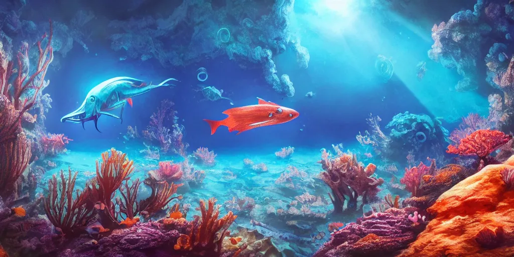 Image similar to photo of an alien fish swimming an alien habitable underwater planet, coral reefs, dream-like atmosphere, water, plants, peaceful, serenity, calm ocean, tansparent water, reefs, fish, coral, inner peace, awareness, silence, nature, evolution, wide angle, super highly detailed, professional digital painting, artstation, concept art, smooth, sharp focus, no blur, no dof, extreme illustration, Unreal Engine 5, Photorealism, HD quality, 8k resolution, cinema 4d, 3D, beautiful, cinematic, art by artgerm and greg rutkowski and alphonse mucha and loish and WLOP