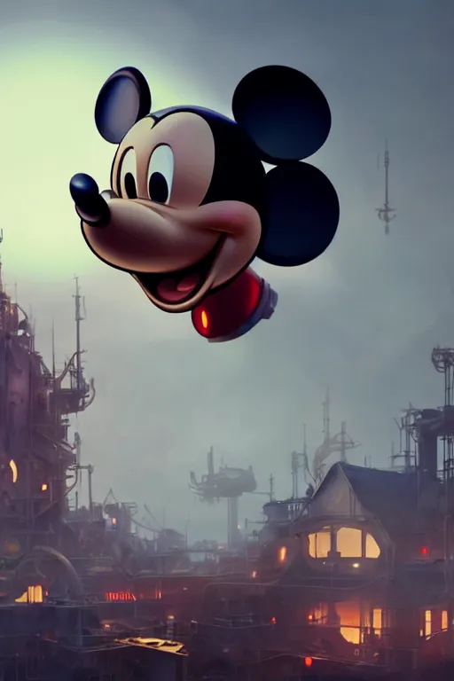 Image similar to repairing huge mickey mouse head done by constructors / workers / mechanics in some facility, big glowing netflix logo behind, greg rutkowski, beeple, gilleard, alphonse mucha cgsociety, unreal engine, octane render, highly detailed 4 k art, smooth, sharp focus, cinematic lighting, volumetric lighting, artstation,