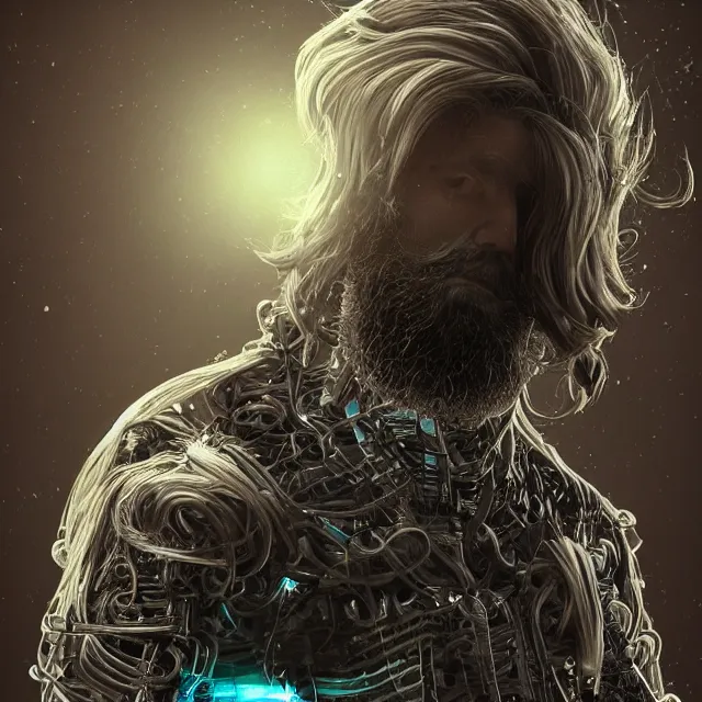 Image similar to realistic, dark hairy handsome man, love, joy, complex cybernetic beings, glowing hair, vortexes, large array, ornate hair, 3 d model, fish eye, round form, cinematic light shadows, wet hdr refractions, insanely detailed rendering, artstation, 8 k, * * * * *