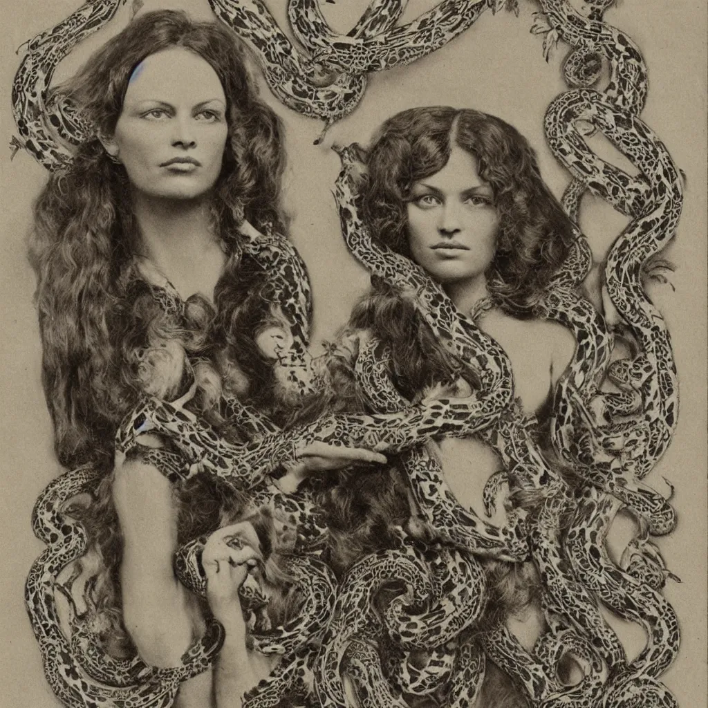 Image similar to a victorian age realistic photo of a woman like Pamela Anderson with intricate ornament snakes like hair, dagherrotype, wallpaper, hyper realistic, hyper detailed