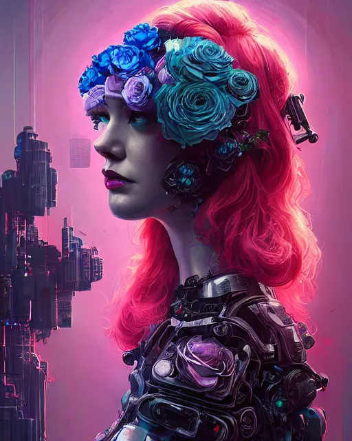 Image similar to portrait of christina hendricks with roses, cyberpunk cyborg. roses, sci - fi, intricate abstract upper body intricate artwork, by tooth wu, wlop, beeple, dan mumford. concept art, octane render, deviantart, greg rutkowski, cinematic arthouse, key art, hyper realism, iridescent accents