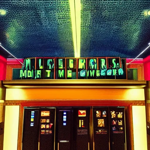 Prompt: “inside of a movie theater showing a movie about monkeys, digital art, Art Deco, award winning”