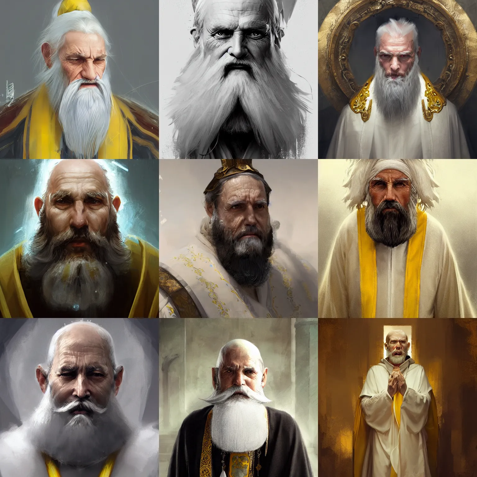 Image similar to 8k an elderly imperial priest with white and yellow vestments a long white beard and a worried and somewhat paranoid expression, by Raymond Swanland Greg Rutkowski Lise Deharm, intricate, masterpiece, sharp, digital art, ArtStation, CGStation, 4k