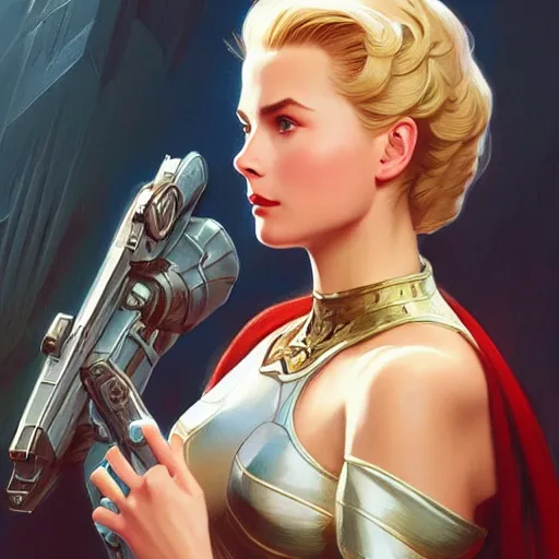 Image similar to Grace Kelly as Samus, western, D&D, fantasy, intricate, elegant, highly detailed, digital painting, artstation, concept art, matte, sharp focus, illustration, art by Artgerm and Greg Rutkowski and Alphonse Mucha