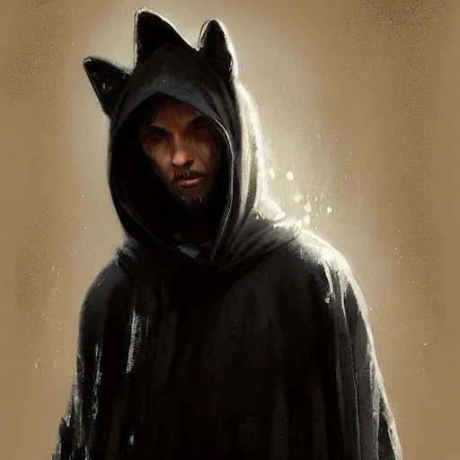 Image similar to A portrait of an anthropomorphic fox in a black hooded robe by Greg Rutkowski