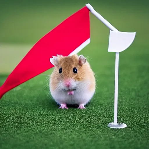 Image similar to “ hamster coming out of a golf hole, golf flag next to the hole, golf lawn ”