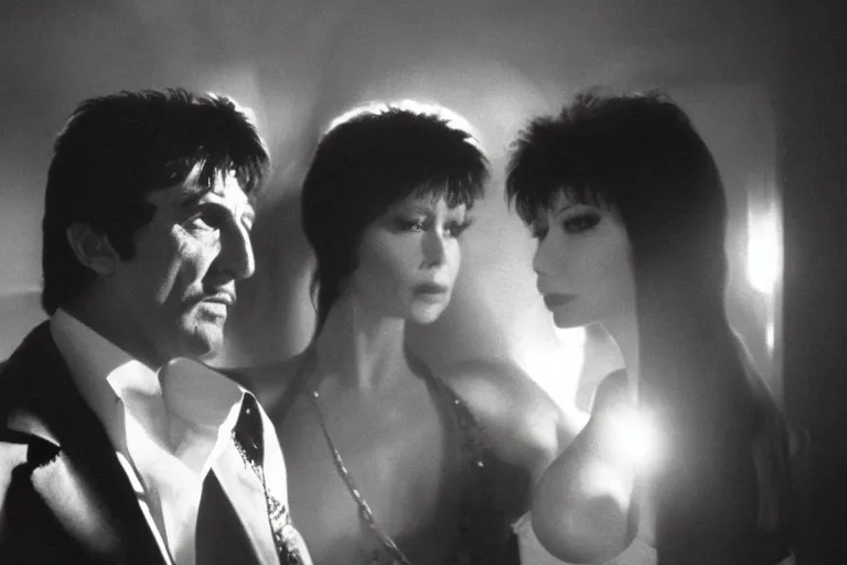 Image similar to morning light, highly detailed portrait of tony montana with elvira in his luxurious houseis atmospheric lighting, masterpiece, award winning by Emmanuel Lubezki