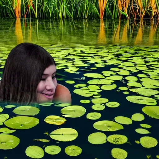 Image similar to A face submerged in shallow water surrounded by lily pads and other vegetation. The eyes are glowing and there is a hand reaching out towards you