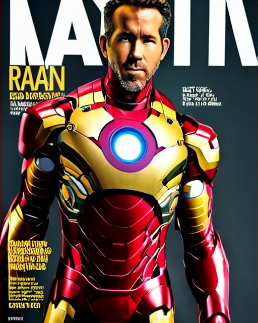 Image similar to ryan reynolds wearing an iron man suit without the mask, magazine cover, dramatic, studio lighting, photoshoot