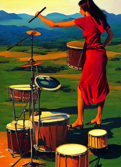 Image similar to dog playing drums, looking at a girl, large scale painting by robert mccall and vladimir kush