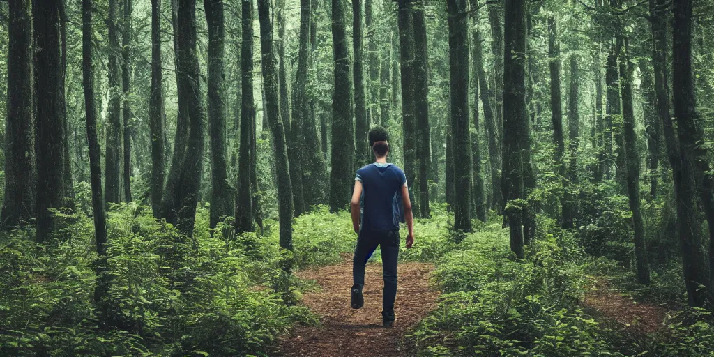 Image similar to fotorealistic image of a young man walking in the forest