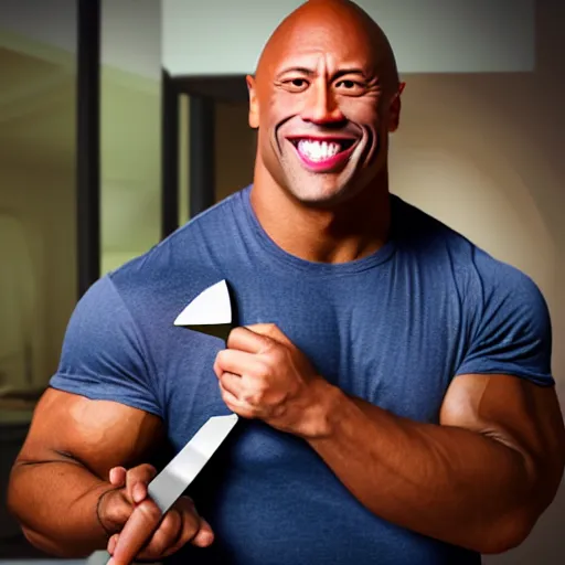 Image similar to Dwaye the rock johnson smiling with a knife in his hand