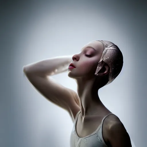 Image similar to portrait of a ballerina with a beautiful porcelain face, rain, cinematic light and reflections, beautiful dreamy lighting, photographed by annie leibovitz, zbrush,