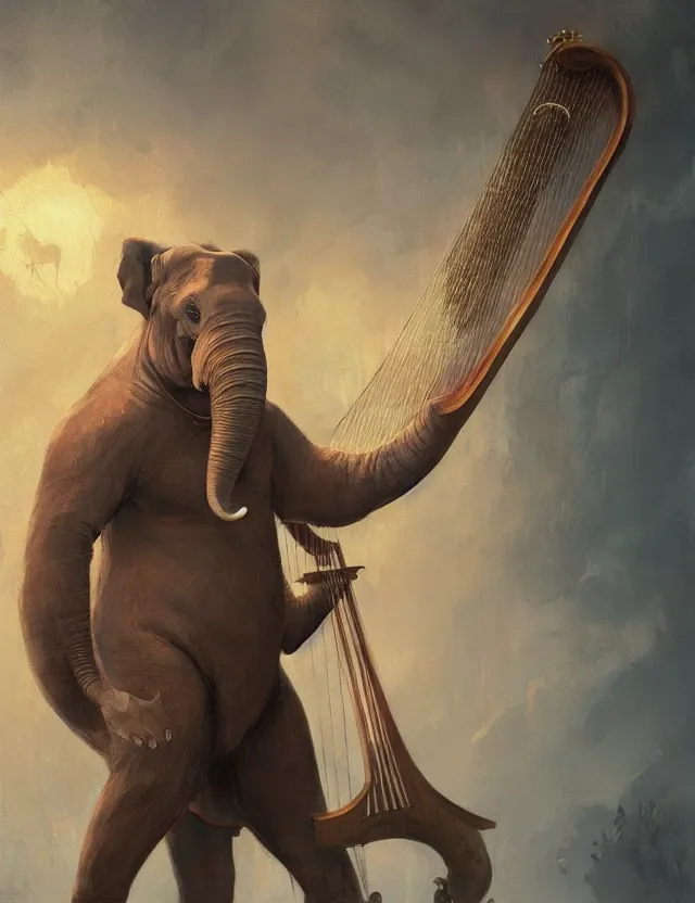 Prompt: painting of humanoid elephant wearing medieval bard clothes and holding a harp, epic, trending on artstation, masterpiece, cinematic lighting, by ross tran and by greg rutkowski