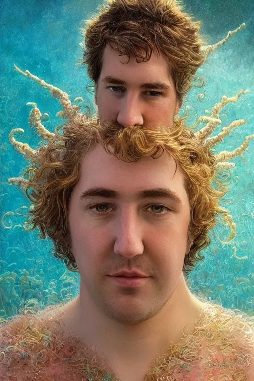 Image similar to photorealistic portrait photograph of stephen hillenburg as an ethereal aquatic merman, upper body, fantasy, handsome, depth of field, soft focus, highly detailed, intricate, realistic, national geographic cover, soft glow, textured, artstation, concept art, sharp focus, illustration, art by artgerm and greg rutkowski and alphonse mucha