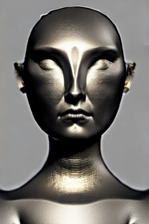 Image similar to soft bw close - up profile face, black background, beautiful young porcelain vegetal - dragon - cyborg - female, 1 5 0 mm, beautiful natural soft rim light, silver gold details, magnolia leaves and stems, roots, mandelbot fractal, elegant, ultra detailed, white metallic armour, octane render, h. r. giger style