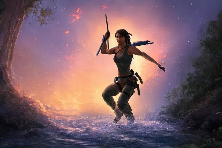 Image similar to wide shot of exhausted Lara Croft climbing out of a roaring ancient river, fireflies by Lilia Alvarado